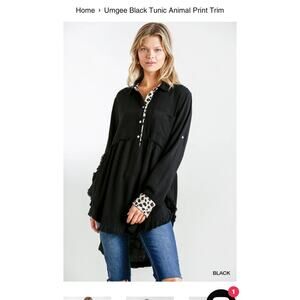 Umgee Cheetah Trim Tunic Top Button Front High Low Frayed Hem Size S Black